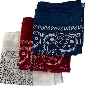 Bundle of 3 classic cotton bandannas. Each 19” square.